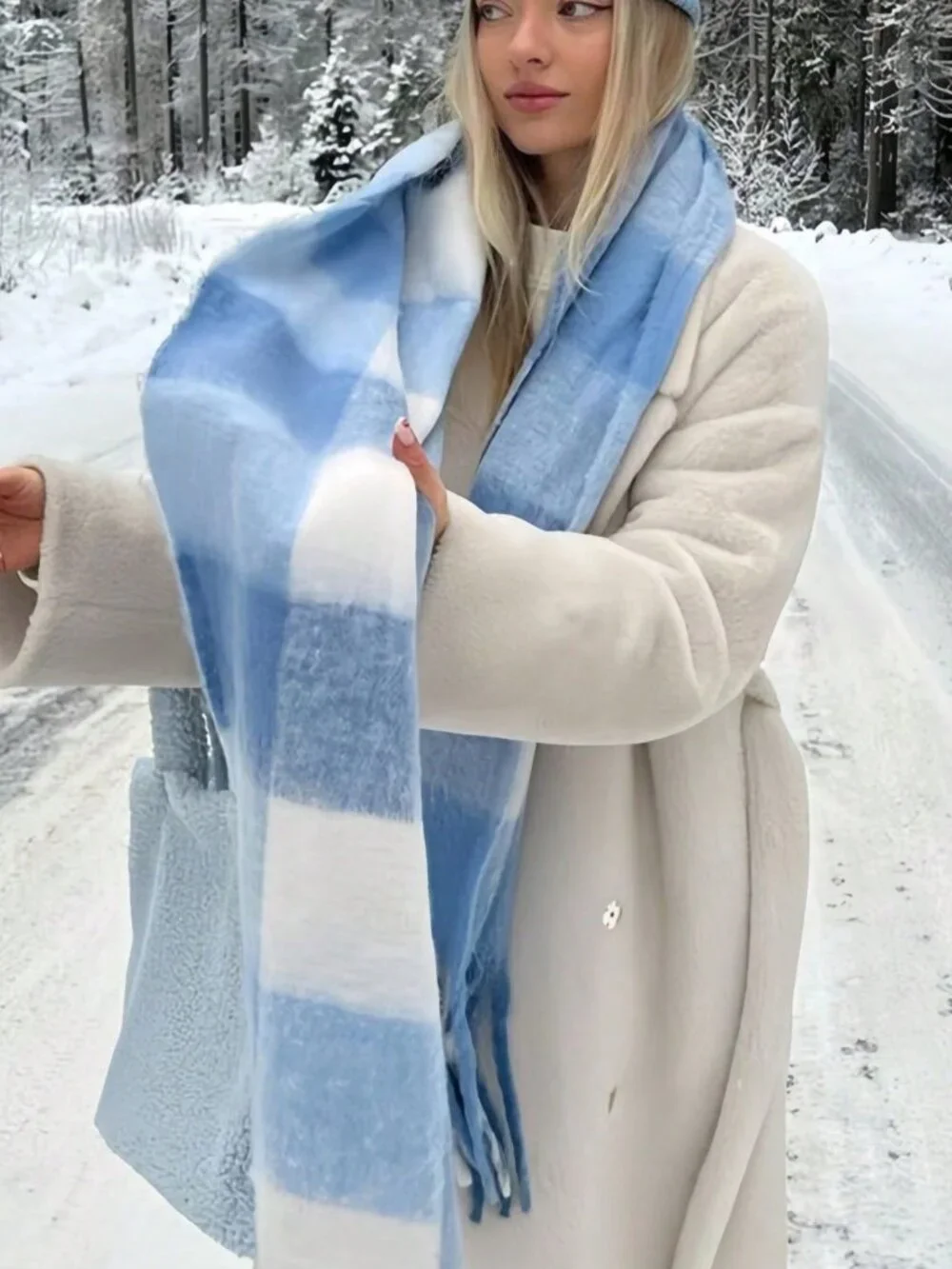 Warm Colorful Women's plaid Fuzzy Warm tassel Shawl scarf